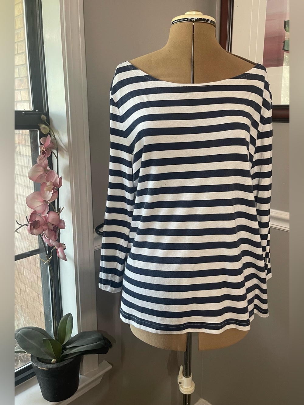 J. Crew Navy and White Striped Long Sleeve Boatneck Top